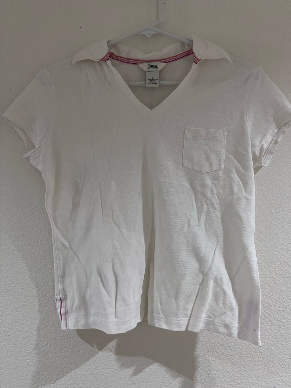 Bass White V-Neck Tee with Pink Trim Accents